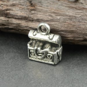 May include: A small, silver-colored charm in the shape of a treasure chest. The charm has a loop at the top for attaching to a necklace or bracelet. The chest features decorative details and a clasp.