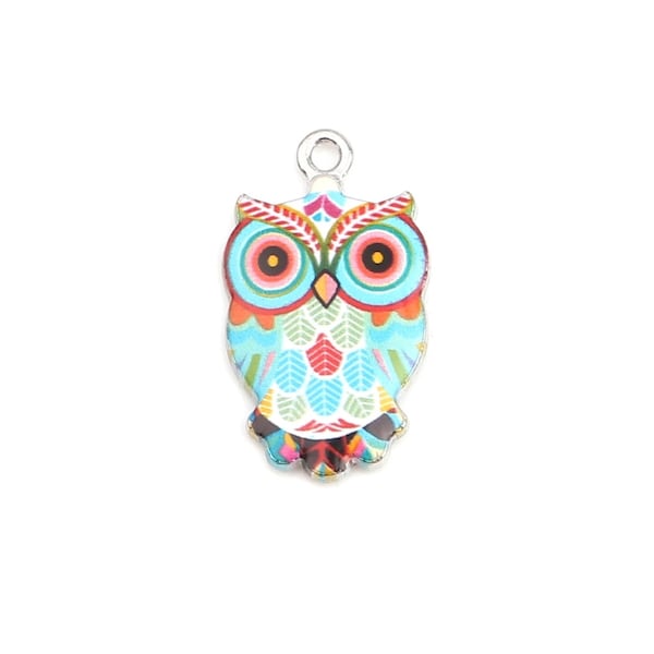 Enamel Owl Charms Blue Pink Green Colorful Ornate Owl Charms Darling Bird Charms Owl Jewelry Supplies 23x13mm