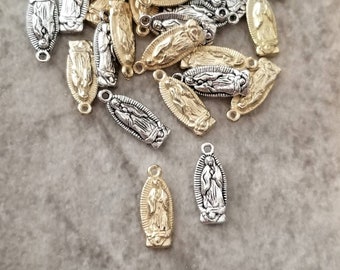 10 Tiny Our Lady of Guadalupe Charms Silver, Soft or Light Gold Religious Charms Double Sided Jewelry Supplies 15x6mm - Note Measurements