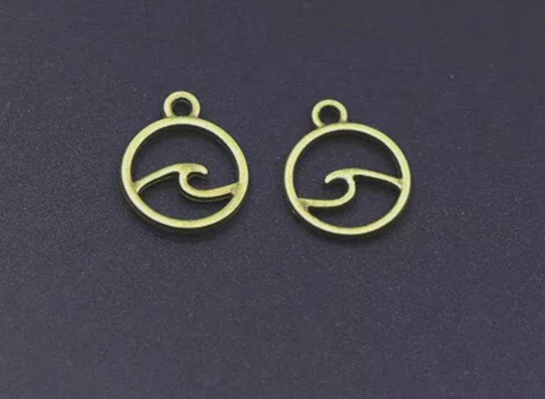 Mini Bronze Wave in Circle Charms Beach Waves Surfer Surfing Mermaid Jewelry Supplies 15x12mm
