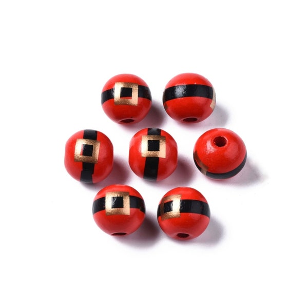 Santa Claus Beads Painted Wooden Beads with Santa Belt Design Christmas Beads Holiday Jewelry Supplies 15mm Hole 3.75mm