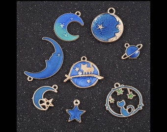 8 Enamel Celestial Charms Blue Gold Moon Charms Cat Charms Celestial Charm Assortment Jewelry Supplies