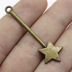 2 Large Bronze Magic Wand Charms Pendants with Star Fairy Tale Godmother Witch Wizard Halloween Costume Jewelry Supplies 48x14mm