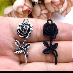 Gorgeous Rose Pendants Large Rose Charms Silver or Black Rose Pendants Flower Pendants Jewelry Supplies 35x14mm