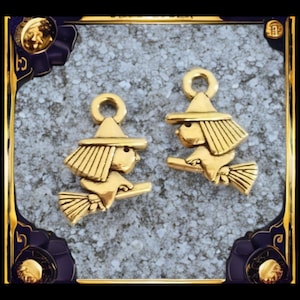 10 Antique Gold Mini Cute Witches on Broomsticks Little Witch Charms Double Sided Antique Gold Halloween Jewelry Supplies 16x11 mm image 1