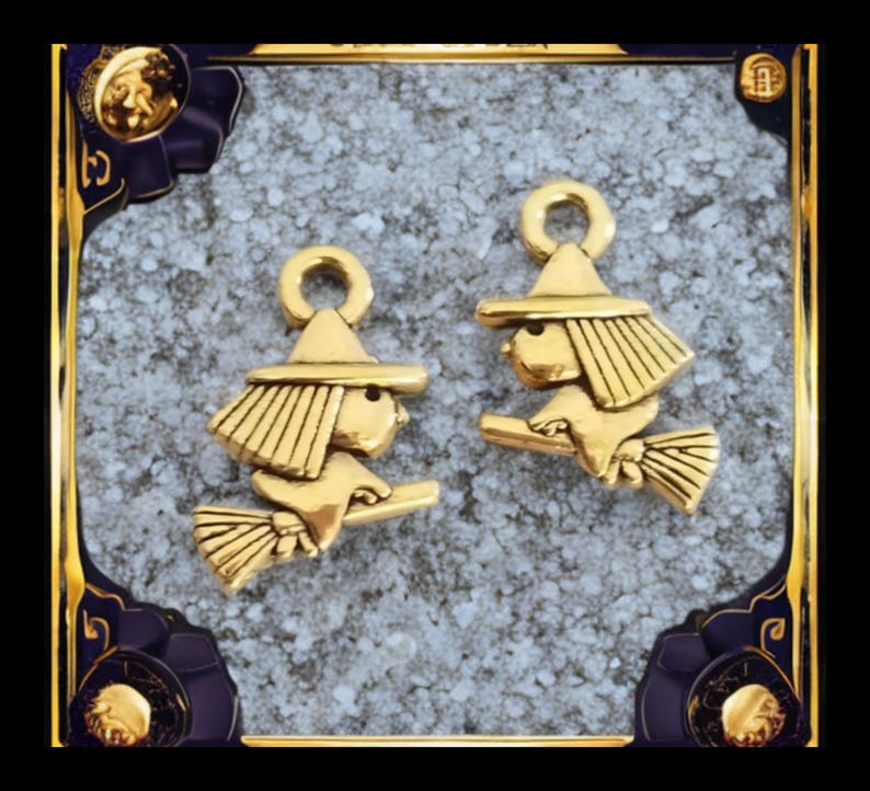 10 Antique Gold Mini Cute Witches on Broomsticks Little Witch Charms Double Sided Antique Gold Halloween Jewelry Supplies 16x11 mm image 1