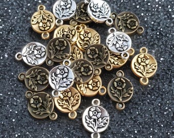 10 Flower Connectors Mini Bronze Silver or Antique Gold Flower Charms Round Vintage Look Bracelet Beading Jewelry Supplies 17x11mm