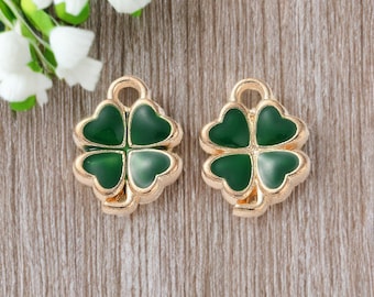 6 Tiny Enamel Four Leaf Clover Charms St. Patrick's Day Good Luck Charms 13x10mm
