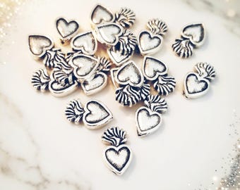 12 Sacred Heart Beads Antique Silver Sacred Heart Charms Rosary Parts Milagros Beads Religious Jewelry Supplies 15.5x9.5mm May be Lighter