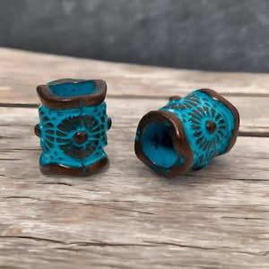 15 Copper Spacer Beads with Blue Green Patina Tube Beads with Sun Design Bohemian Vibes Jewelry Supplies 8x7mm Hole 3.5mm