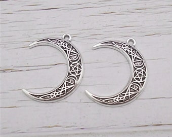 Crescent Moon Charms with Pentacle Design Wicca Moon Pendants Witchy Moon Charms Celestial Jewelry Supplies 31x27mm