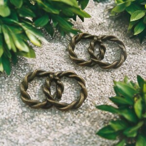 May include: Two bronze-colored, intertwined ring-shaped objects with a twisted rope design. The rings are connected at the center, creating a figure-eight shape. The objects are set on a textured, light-colored surface, surrounded by green foliage.