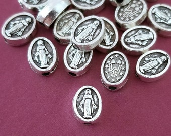 12 Tiny Mary Miraculous Spacer Beads Distressed Silver Catholic Beads Rosary Parts Virgin Mary Beads Jewelry Supplies 6x8mm ***See Note