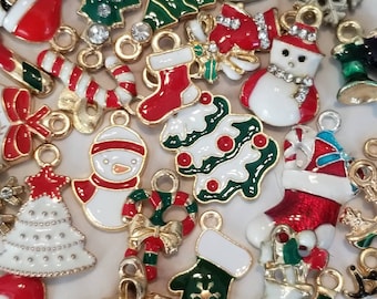 Enamel Christmas Charms Colorful Assortment of Holiday Jewelry Supplies Random Assortment Enameled Some with Rhinestones Between 12-26mm