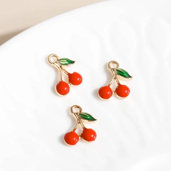 Tiny Enamel Cherry Charms Red Cherry Charms Mini Fruit Charms Cherry Jewelry Supplies 13x9mm Note Measurements