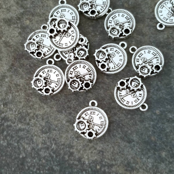 Small Clock Face Charms with Gears Silver with Dark Contrast Watch Steampunk Bracelet Jewelry Supplies 16x13mm