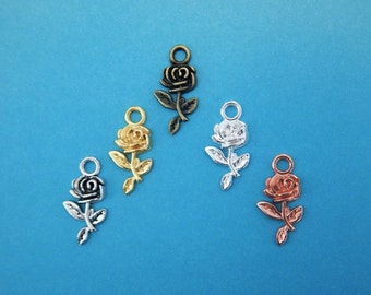 10 Lovely Rose Charms 6 Colors Flower Floral Jewelry Supplies 10x20mm Silver, Bright Silver, Rose Gold, Gold, Champagne Gold & Bronze Tones