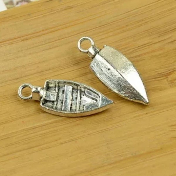 6 Rowboat Charms Canoe Charms 3D Camping Fishing Motor Boat Outdoor Adventure Antique Silver Jewelry Supplies 23x9mm