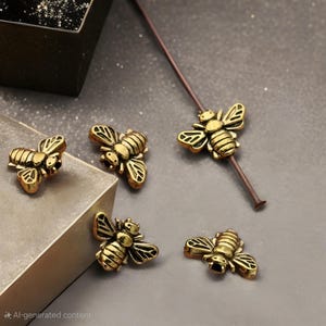May include: Close-up of several small, gold-colored bee-shaped charms. The charms have detailed wings and body segments. One charm is attached to a thin, brown rod. The charms are scattered on a gray surface.
