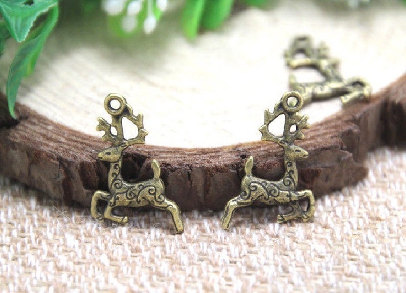 12 Deer Charms with Swirl Design Reindeer Christmas Animal Totem Bronze Animal Jewelry Supplies 20x14mm
