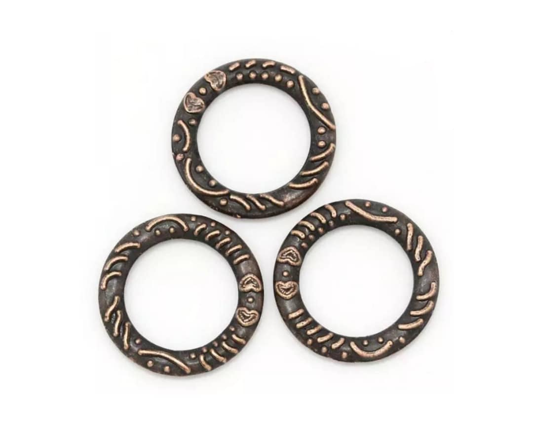 10 Small Antique Copper Linking Rings Ornately Detailed Copper Rings