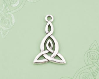 May include: A silver-toned metal charm featuring an intricate mother and child knot design. The pendant has a smooth, polished finish with a small circular loop at the top for attachment, showcasing an interlaced, continuous line pattern.