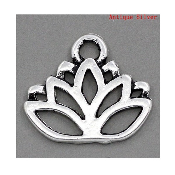 12 Lovely Serene Lotus Blossom Charms Atq Silver Tone Lotus Flower Charm Jewelry Supplies 17x14 mm