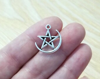 Pentagram on Crescent Moon Charms Silver Star Pendants Spiritual Jewelry Supplies 18x20mm