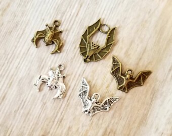 Bat Charms 10 Piece Assortment of Bat Charms Bronze and Antique Silver Bat Charms and Pebbles Halloween Jewelry Supplies READ DETAILS