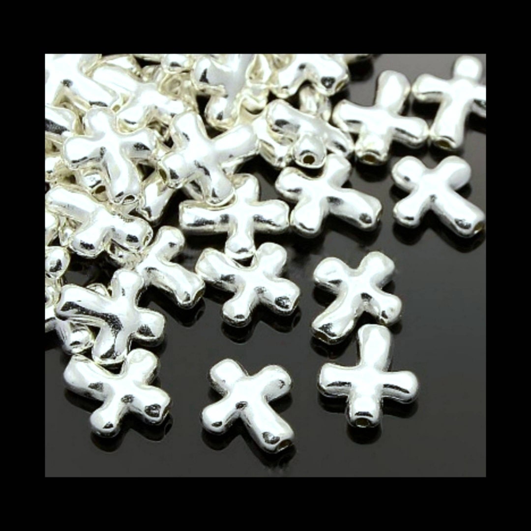 Silver Cross Spacer Beads Hammered Bright Silver Cross Beads Cross