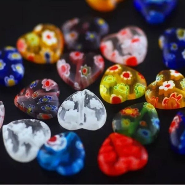 14 Millefiori Heart Beads Colorful Little Pressed Glass Valentine's Day Mini Glass Heart Spacer Beads Charms Jewelry Supplies 7.5x8mm