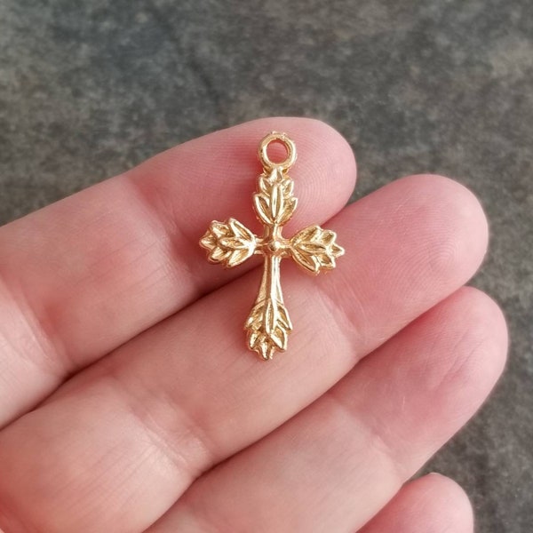 Leaf Cross Charms Beautiful Champagne Gold Crosses Well Crafted Religious Nature Rosary Parts Jewelry Supplies 26x17mm Slightly Darker Tone