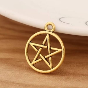 6 Antique Gold Pentacle Charms Well Crafted Antique Gold Wicca Charms Pentagram in Circle Magical Jewelry Supplies 20x25mm