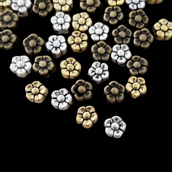 24 Teeny Tiny Flower Spacer Beads Silver, Bronze or Antique Gold Mini Flower Beads Jewelry Supplies 5x3mm Note Measurements