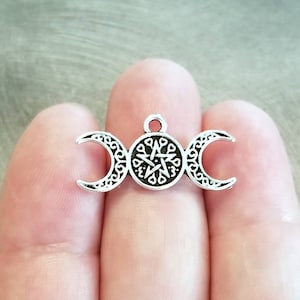 Triple Moon Charms Pentacle Charms with Crescent Moons Pentagram Charms Wicca Charms Antique Silver Triple Moon Jewelry Supplies 25x13mm