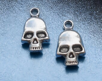 May include: Two silver-colored skull charms with a loop at the top for hanging. The skulls have detailed eye sockets, noses, and teeth. The charms are displayed on a textured, blue surface.
