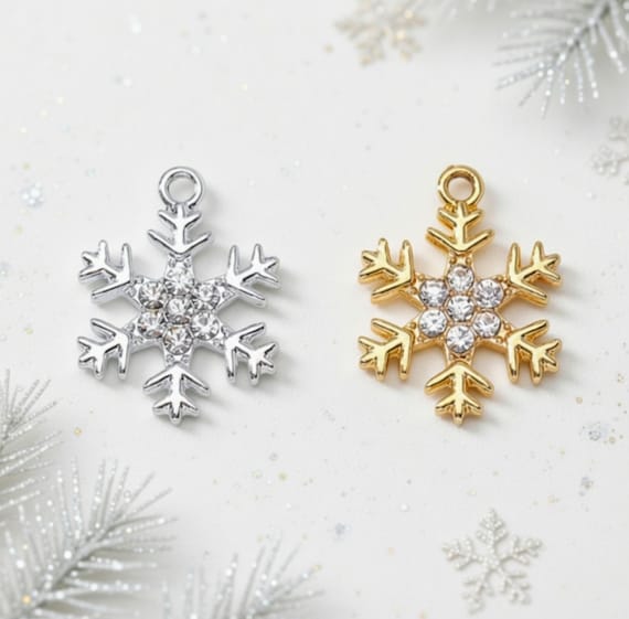 Gorgeous Snowflake Charms with Crystal Accents Silver or Gold Snowflake Pendants Christmas Charms Holiday Jewelry Supplies about 22x17mm