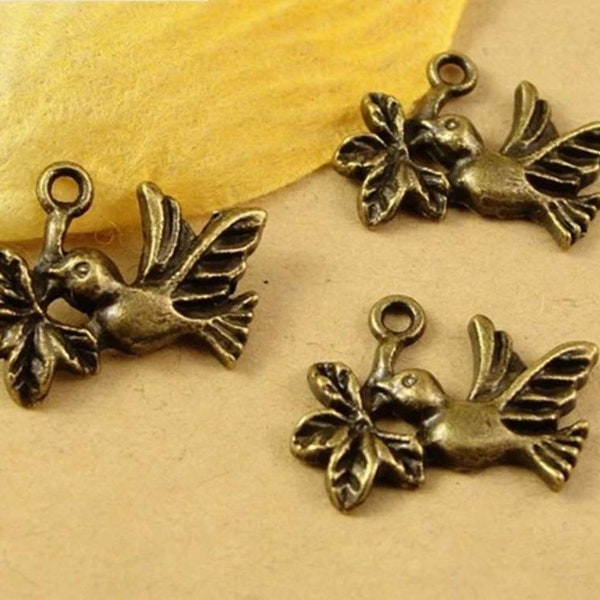 Sweet Peace Dove Charms with Olive Branch Bronze Bird Doves Jewelry Supplies 20x15mm