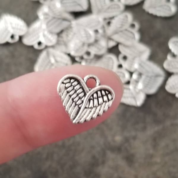 Mini Heart Wing Charms Antique Silver Little Angel Wing Charms Heart Charms Double Sided Memorial Friendship Jewelry Supplies 13mm