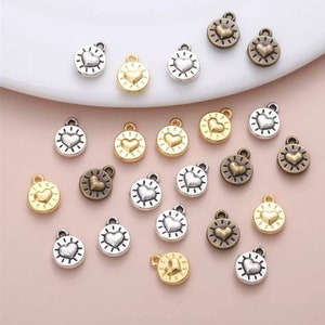 12 Mini Round Heart Charms Tiny Heart Drops Valentine&#39;s Day Jewelry Supplies Extender Chain Drops 8mm Bronze, Silver or Bright Gold Tone