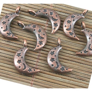 6 Moon Charms Deep Copper Moons with Stamped Stars Luna Celsetial Night Sky Jewelry Supplies 19x10mm