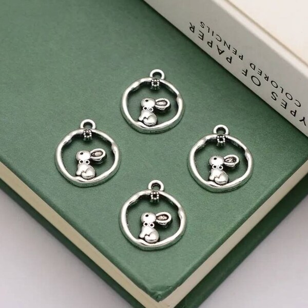 10 Little Rabbit Charms in Circle with Tiny Accent Mini Rabbit Charms Easter Bunny Charms Jewelry Supplies 16x14mm Note Measurements