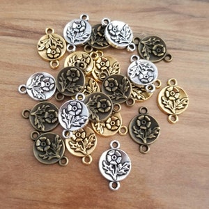 10 Flower Connectors Mini Bronze Silver or Antique Gold Flower Charms Round Vintage Look Bracelet Beading Jewelry Supplies 17x11mm