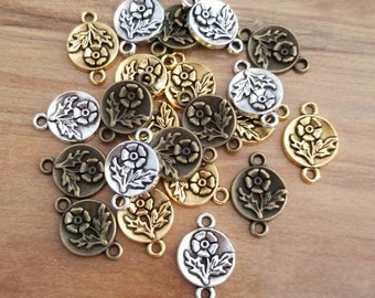 10 Flower Connectors Mini Bronze Silver or Antique Gold Flower Charms Round Vintage Look Bracelet Beading Jewelry Supplies 17x11mm