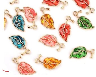 Enamel Leaf Charms Mini Leaves Gold Tone Jewelry Supplies Choose Color or Random Mix  About 20x12mm