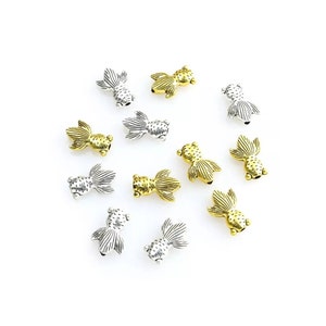 10 Goldfish Spacer Beads Antique Gold or Silver Goldfish Beads Tropical Fish Beads Beach Beads Jewelry Supplies 15x12mm