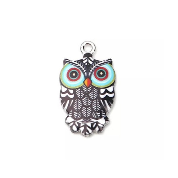 Enamel Owl Charms Black Grey Teal Colorful Ornate Owl Charms Darling Bird Charms Owl Jewelry Supplies 23x13mm
