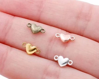 20 Tiny Heart Connectors Extremely Small Mini Heart Charms with 2 Loops Gold, Rose Gold,  Silver or Bronze Valentine's Day Jewelry Supplies