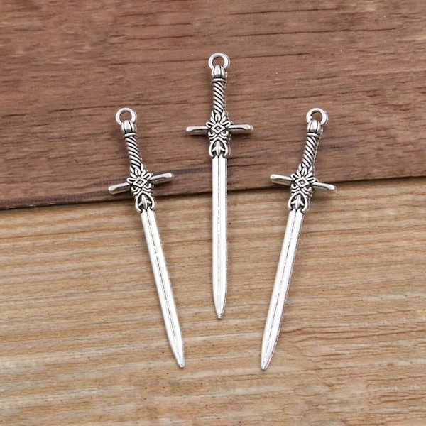 Gorgeous Sword Pendants Long Sword Charms Detailed Double Sided Weapons Jewelry Supplies 50x12mm