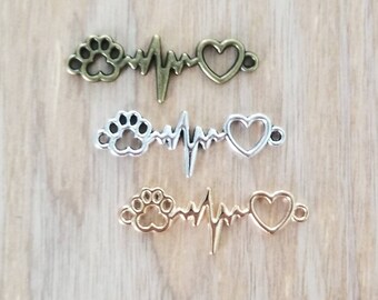 Paw Print Heartbeat Connectors Silver Bronze Light Gold Heart Connector Charms Love My Dog Cat Bracelet Connectors Jewelry Supplies 34x12mm